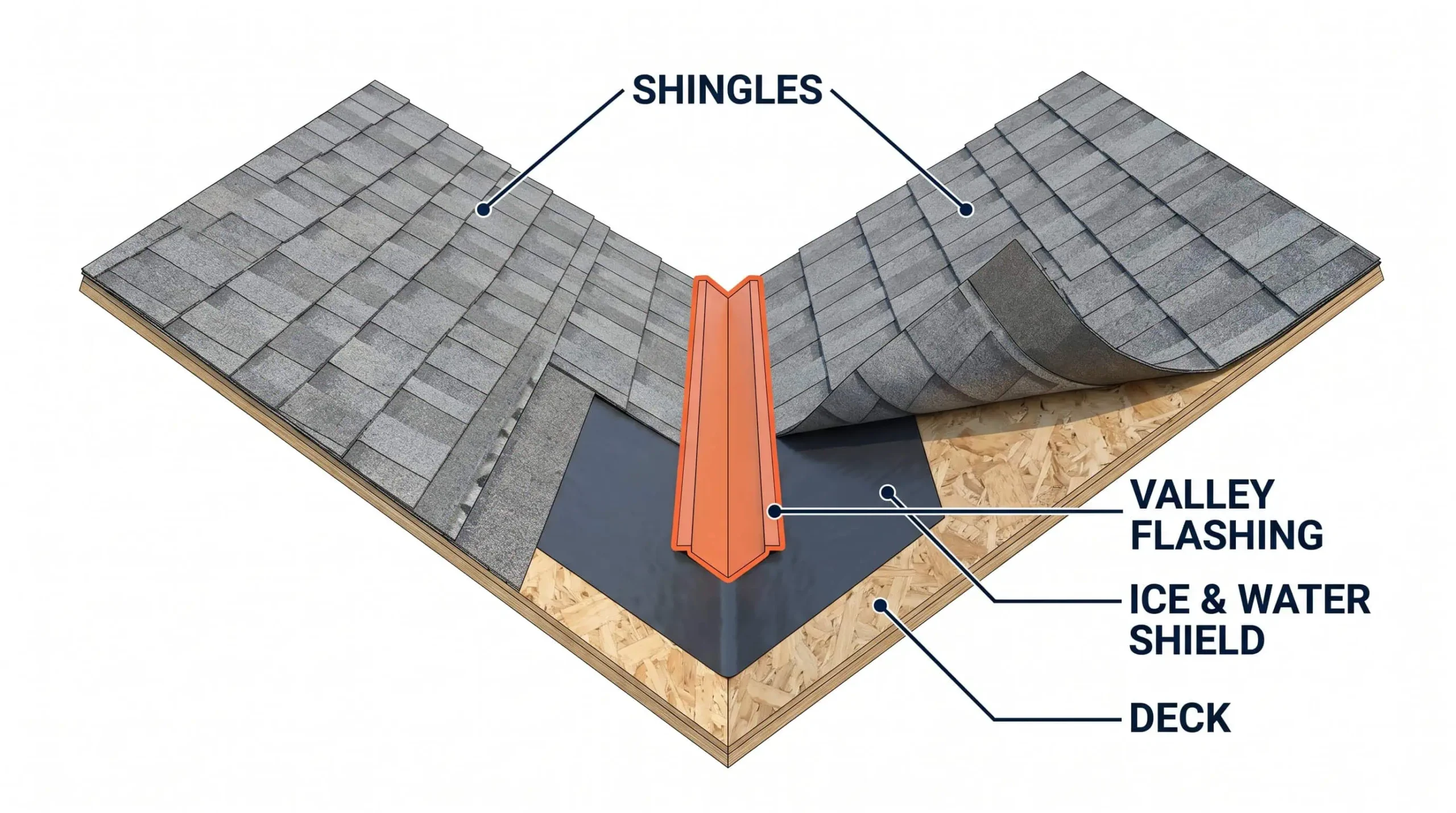 Cutaway diagram of a residential roof valley on a Maryland home, labeled illustration showing the W-style metal valley flashing in the V channel with ice and water shield underneath