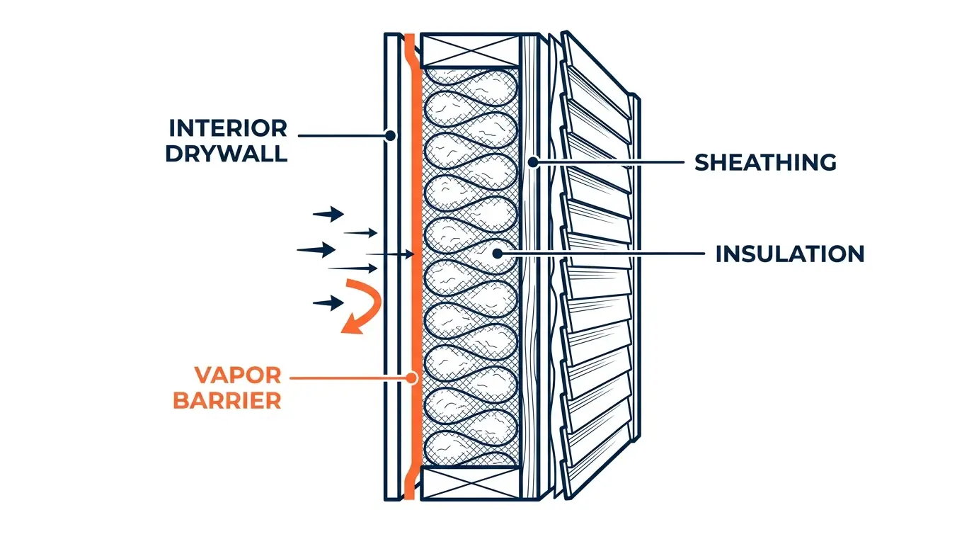 Cross-section diagram of an exterior wall on a Maryland home, labeled illustration showing the vapor barrier slowing moisture before it reaches the cold sheathing