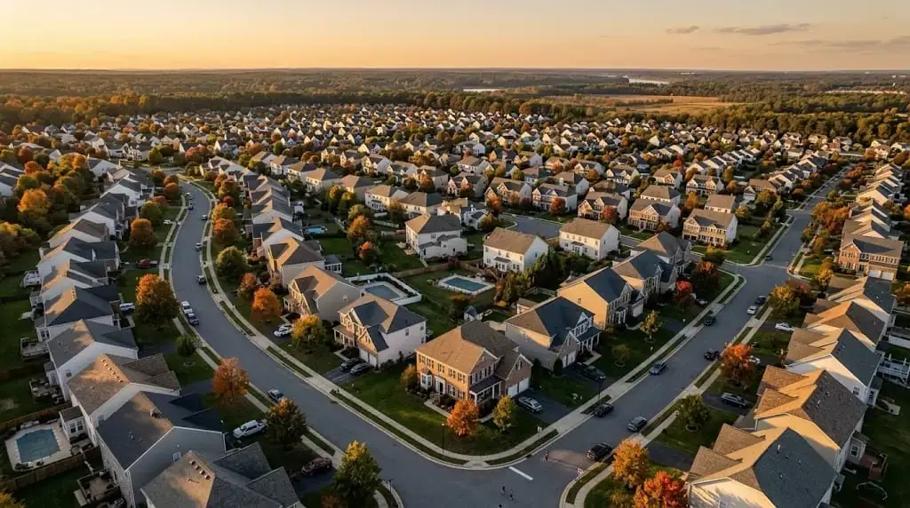 Aerial view of Waldorf Maryland St. Charles residential subdivision served by JDH Remodeling, showing suburban homes with mature asphalt shingle roofing