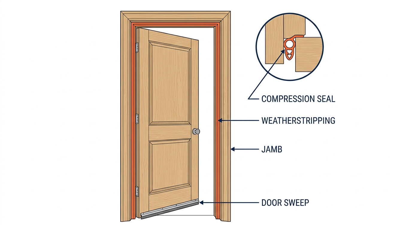 Detail diagram of an exterior door on a Maryland home, labeled illustration showing the weatherstripping around the jamb, the door sweep, and a compression-seal cross-section