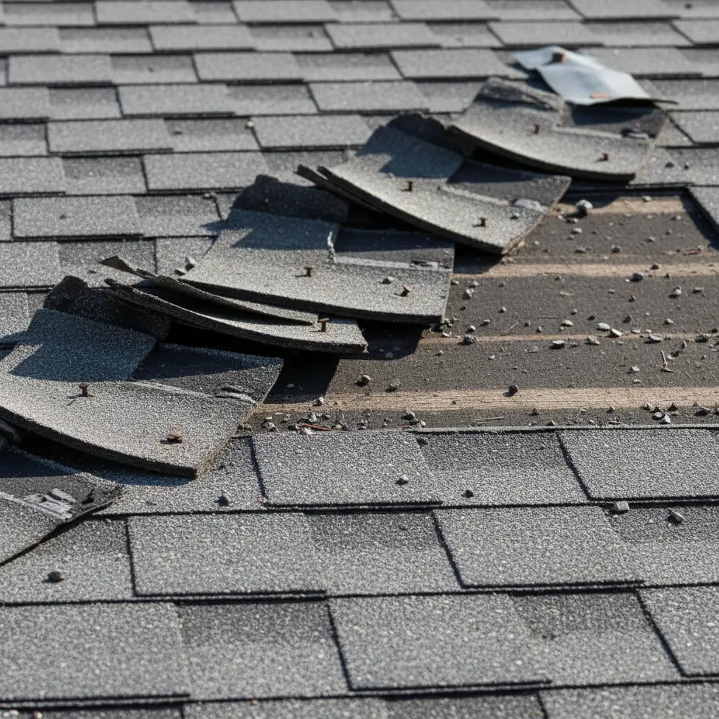 Wind-damaged roof in Prince Frederick showing lifted and creased shingles along the ridgeline