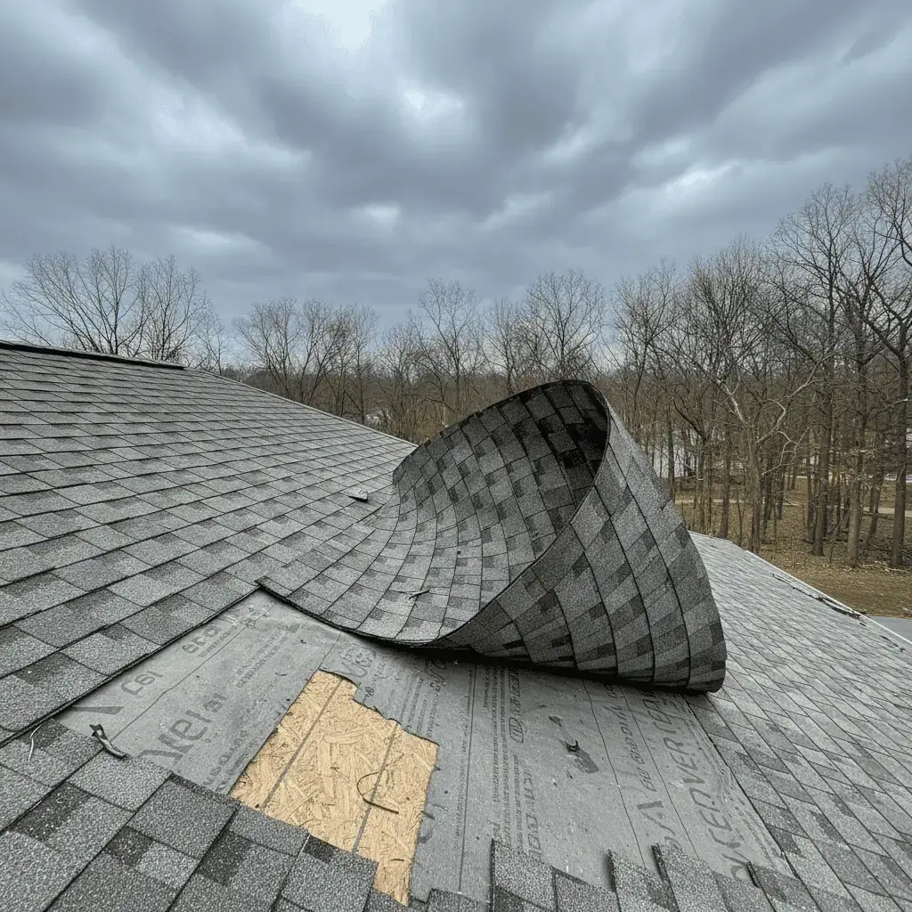 Large continuous section of laminate shingles peeled back from wind damage on a Maryland roof