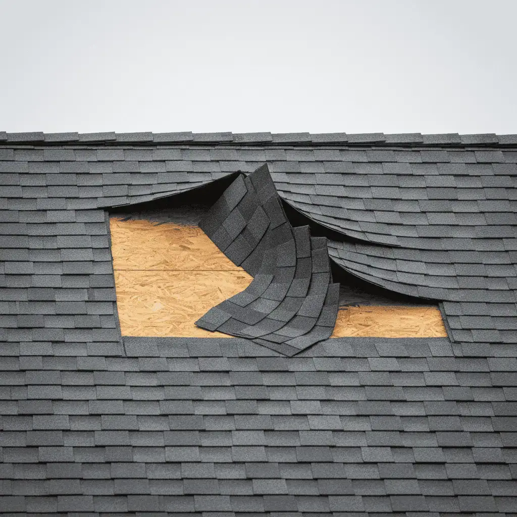 Wind-lifted architectural shingles on a Calvert County roof showing exposed underlayment after a coastal storm in the Prince Frederick area