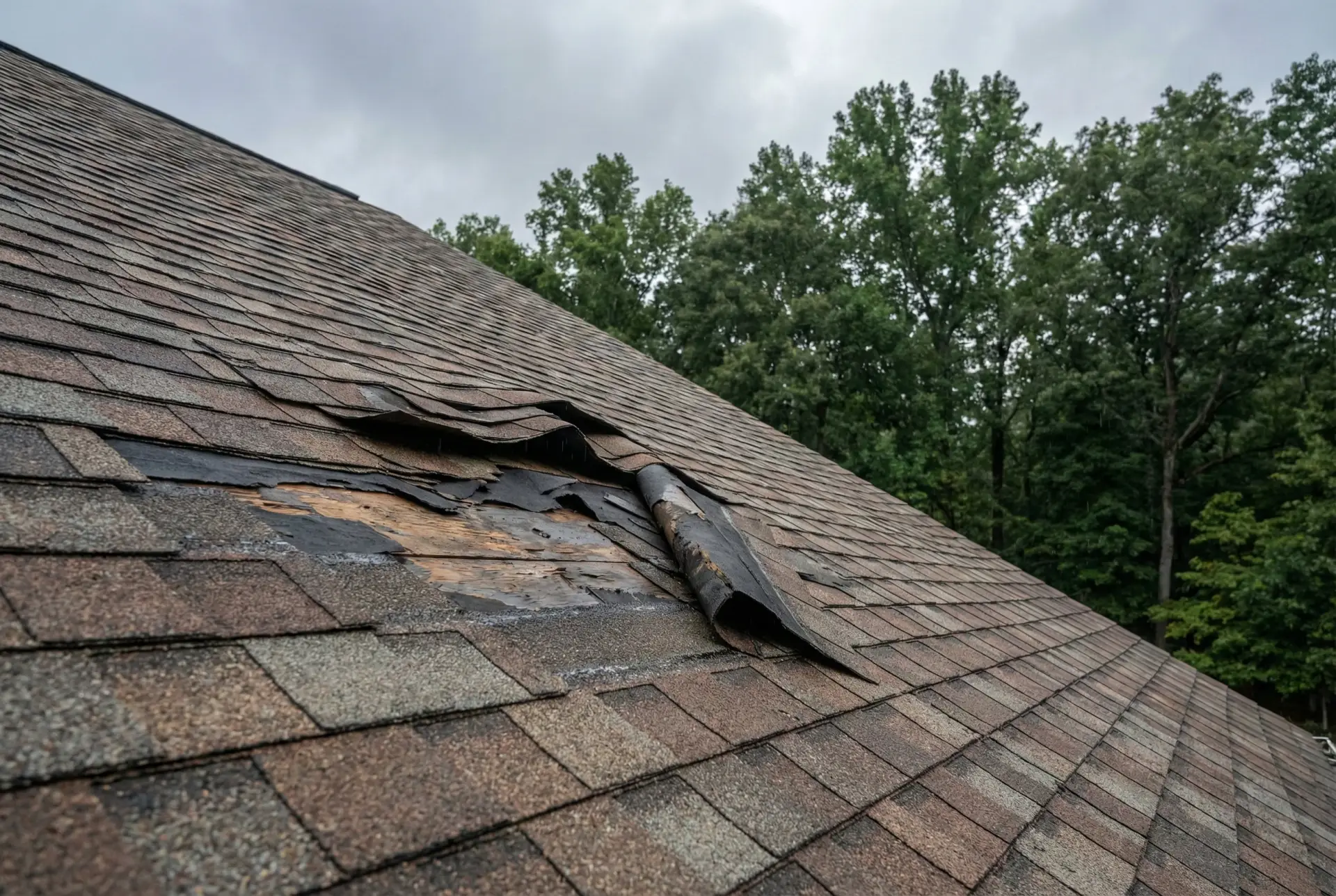 Wind-lifted shingles after Maryland storm event