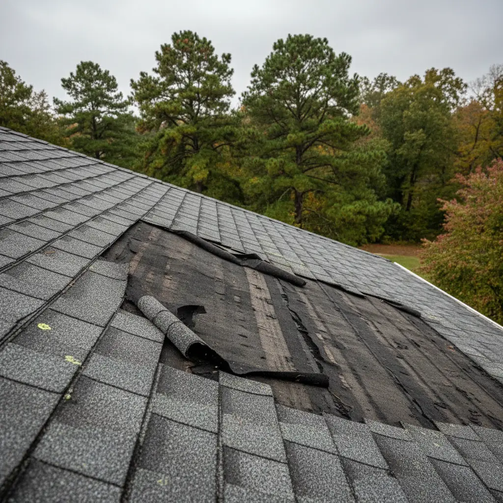Wind-lifted shingles documented during a JDH forensic roof inspection after a Lusby, Maryland storm event